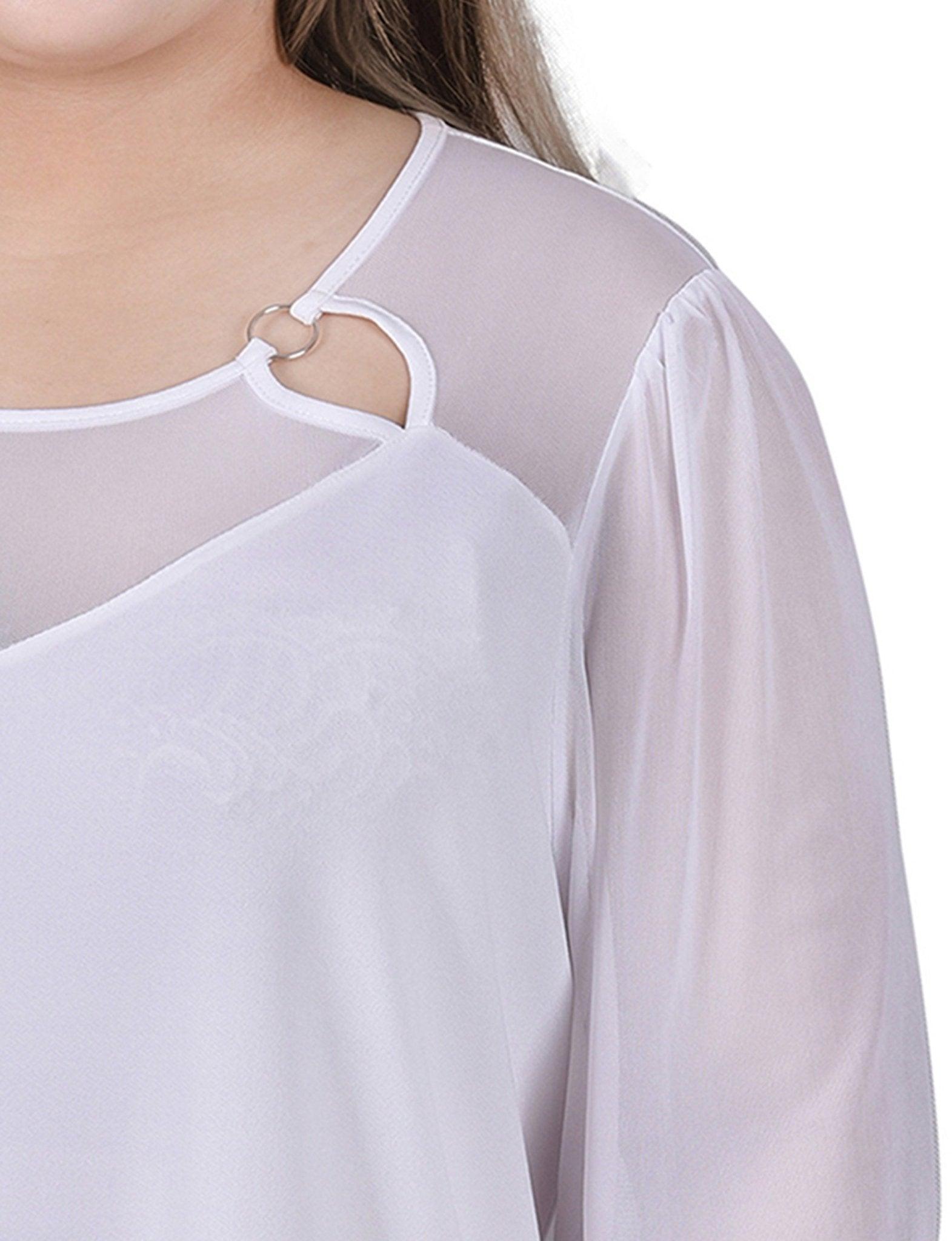 White 3/4 Sleeve Ringed Top With Mesh - Plus Product Image