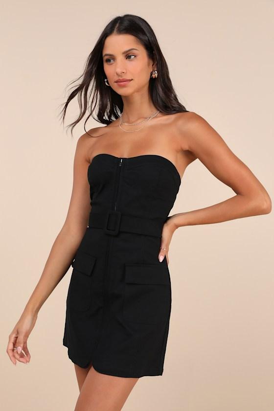 Deniz Black Zip-Front Strapless Mini Dress with Pockets Product Image