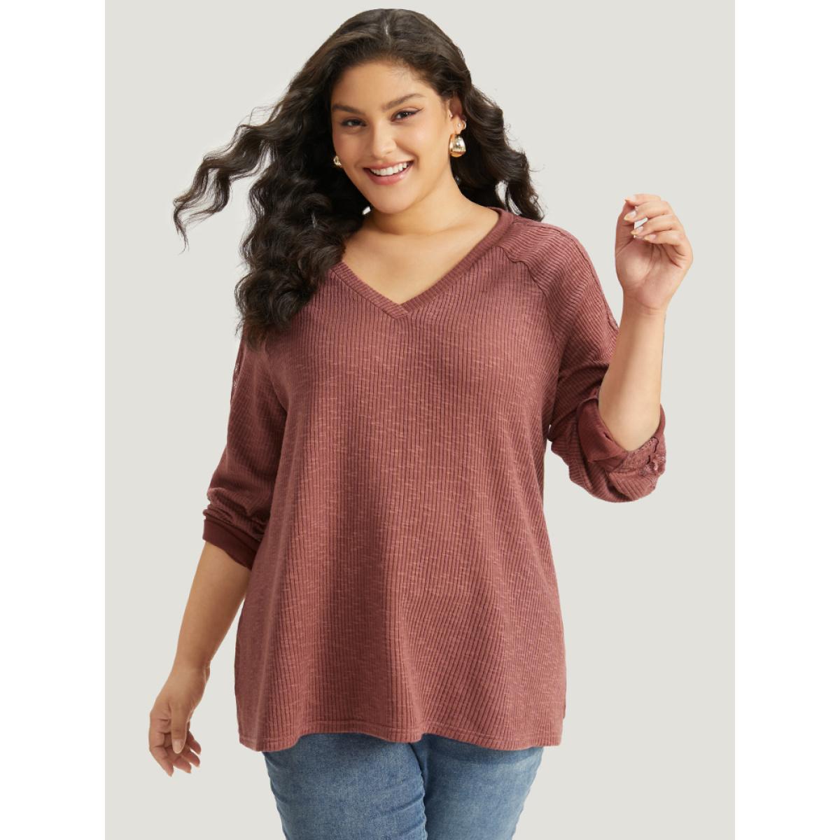 Plus Size Rib Knit Lace Panel Raglan Sleeve T-shirt DustyPink Women Elegant Texture Plain V-neck Dailywear T-shirts BloomChic 28/5X Product Image