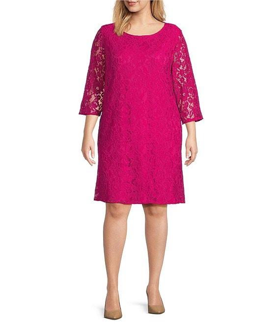 Caroline Plus Size Floral Lace Round Neck 3/4 Sleeve Bodice Lined Shift Dress Product Image