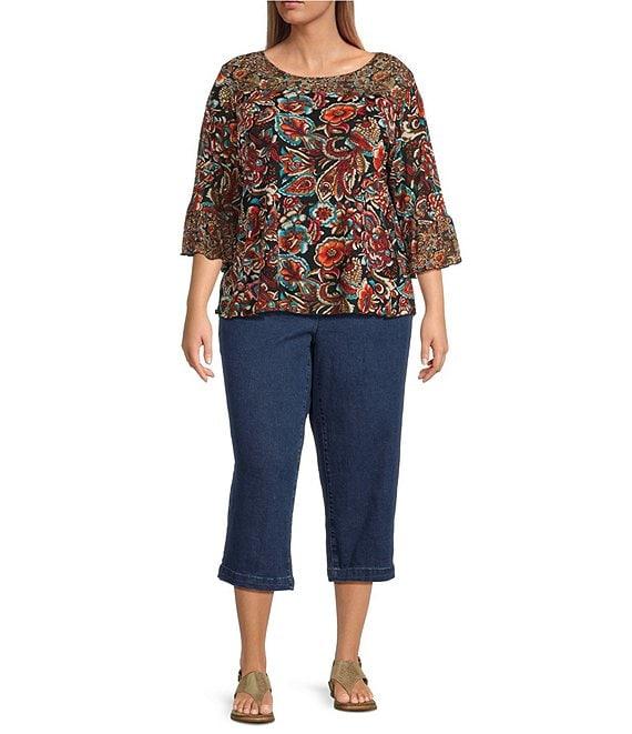 Intro Plus Size Soft Mesh Graphic Jacobean Print 3/4 Romantic Sleeve Top Product Image