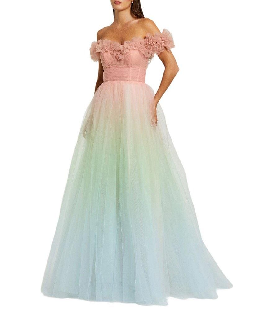 Mac Duggal Tulle Ombre Print Off-The-Shoulder Neck Short Sleeve 3D Flower Gown Product Image