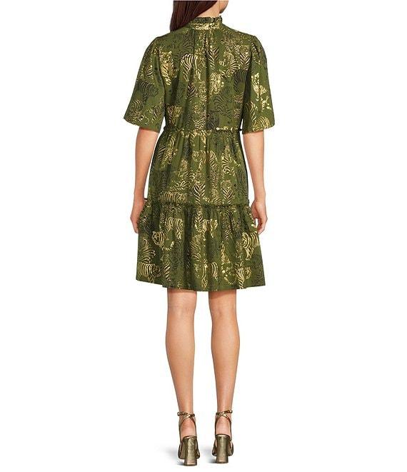 Jude Connally Shirley Tiger Safari Metallic Cotton Voile V-Neck Short Flutter Tiered Swing Dress Product Image