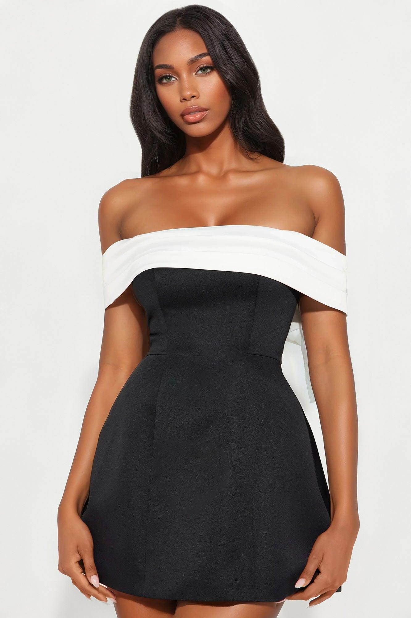 Emma Removable Bow Satin Mini Dress - Black/White Female Product Image