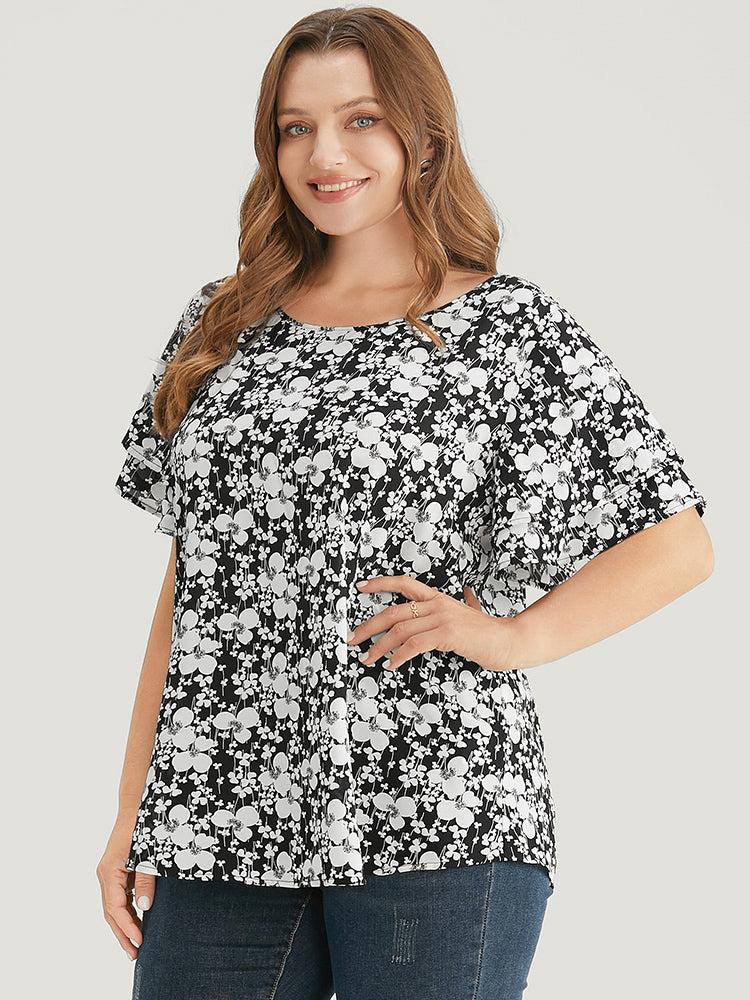 Ditsy Floral Tiered Sleeve Round Neck Ruffle Blouse Female Product Image