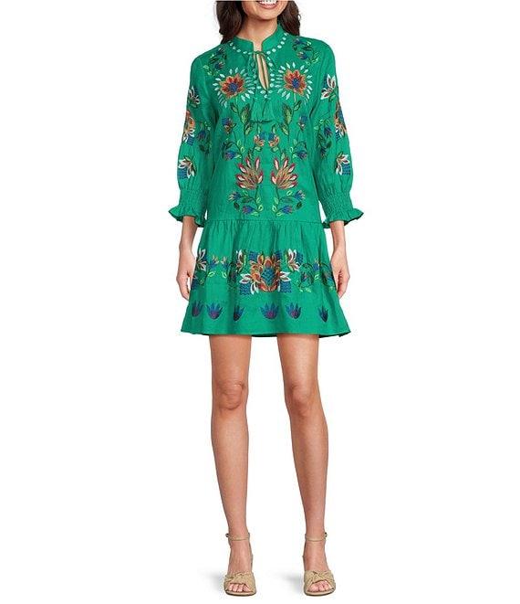tyler boe Niki Linen Split V-Neck Tassel Tie 3/4 Sleeve Embroidered Dress Product Image