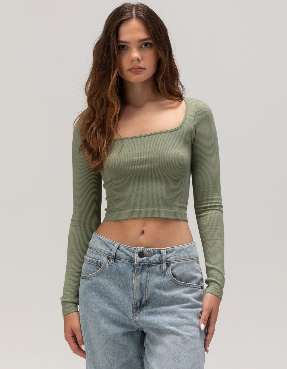 RSQ Womens Seamless Square Neck Long Sleeve Top - OLIVE Product Image