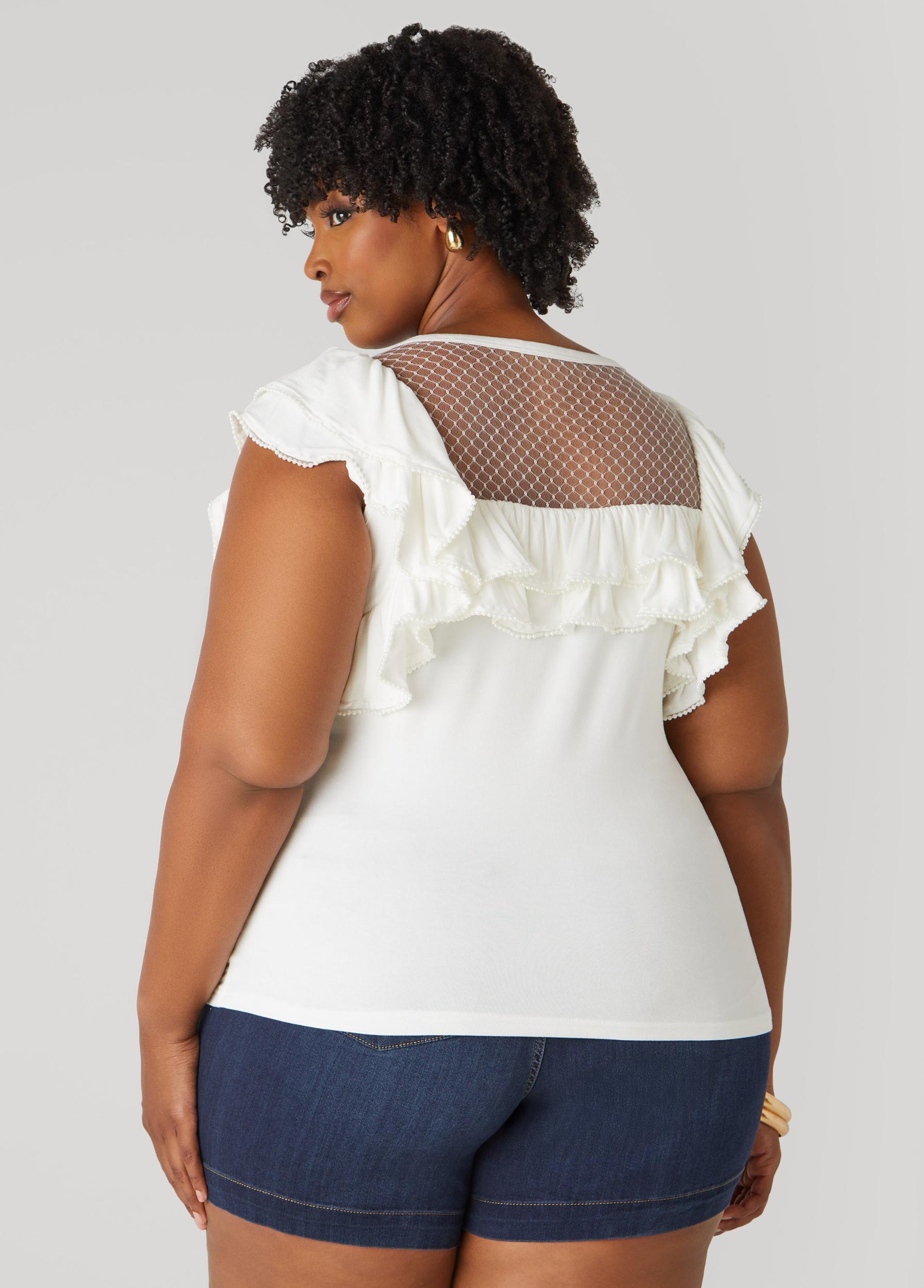 Plus Size Faux Pearl Mesh Paneled Top Ashley Stewart Product Image