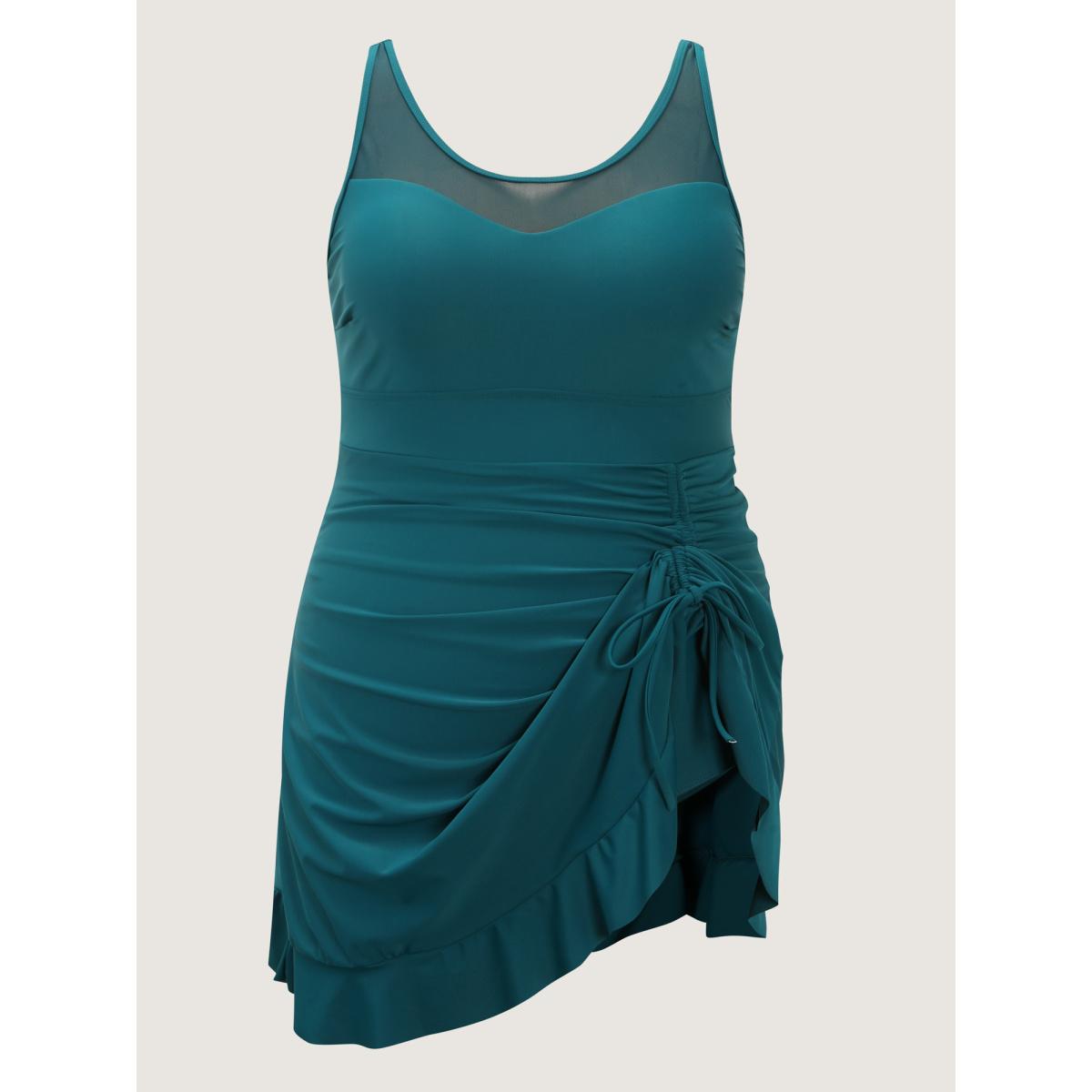 Plus Size Channel Drawstring Ruffled Swim Dress Women's Swimwear Cyan Resort Bodycon U-neck High stretch Curve Swim Dresses BloomChic 22-24/3X Product Image