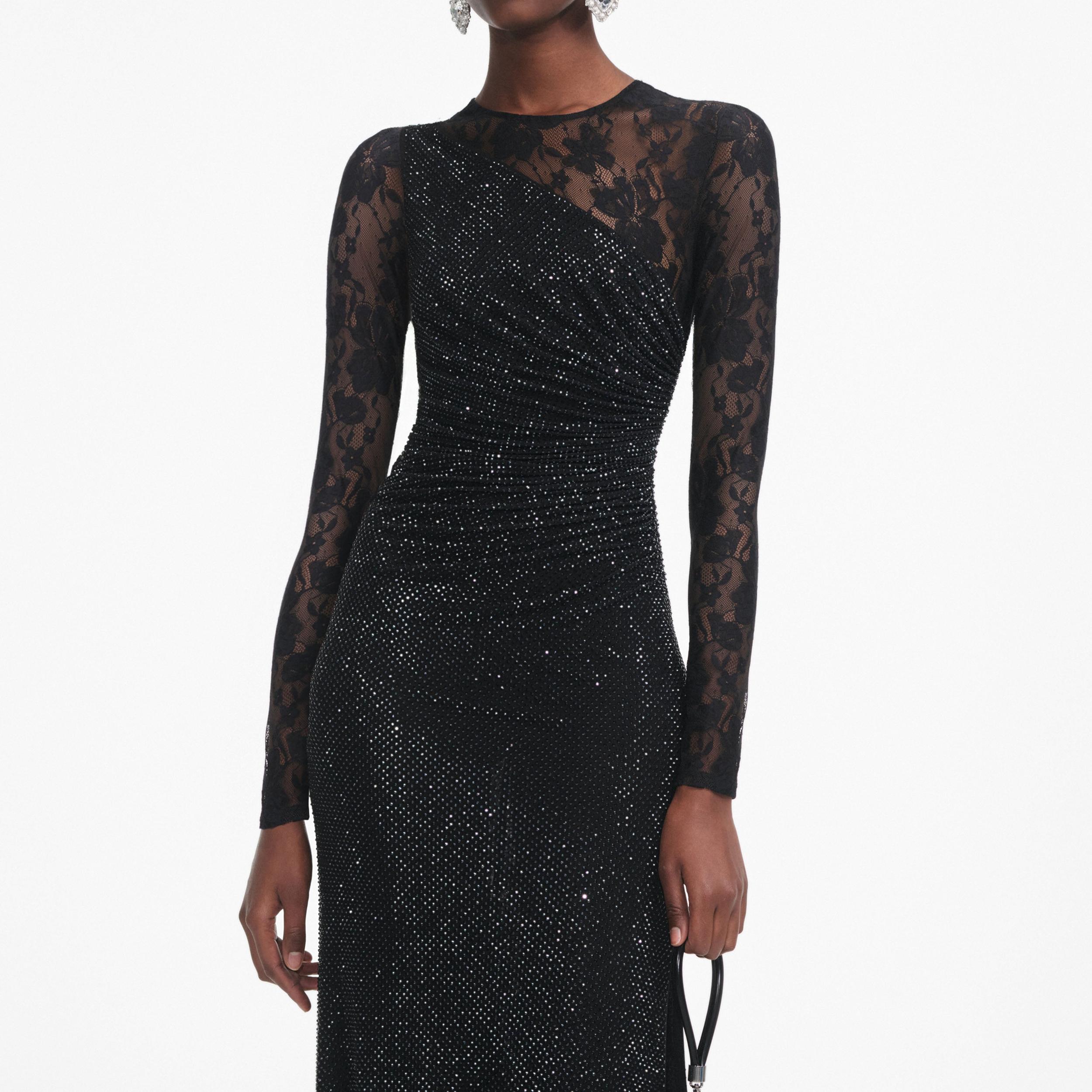 Black Rhinestone Lace Sleeves Maxi Dress Product Image