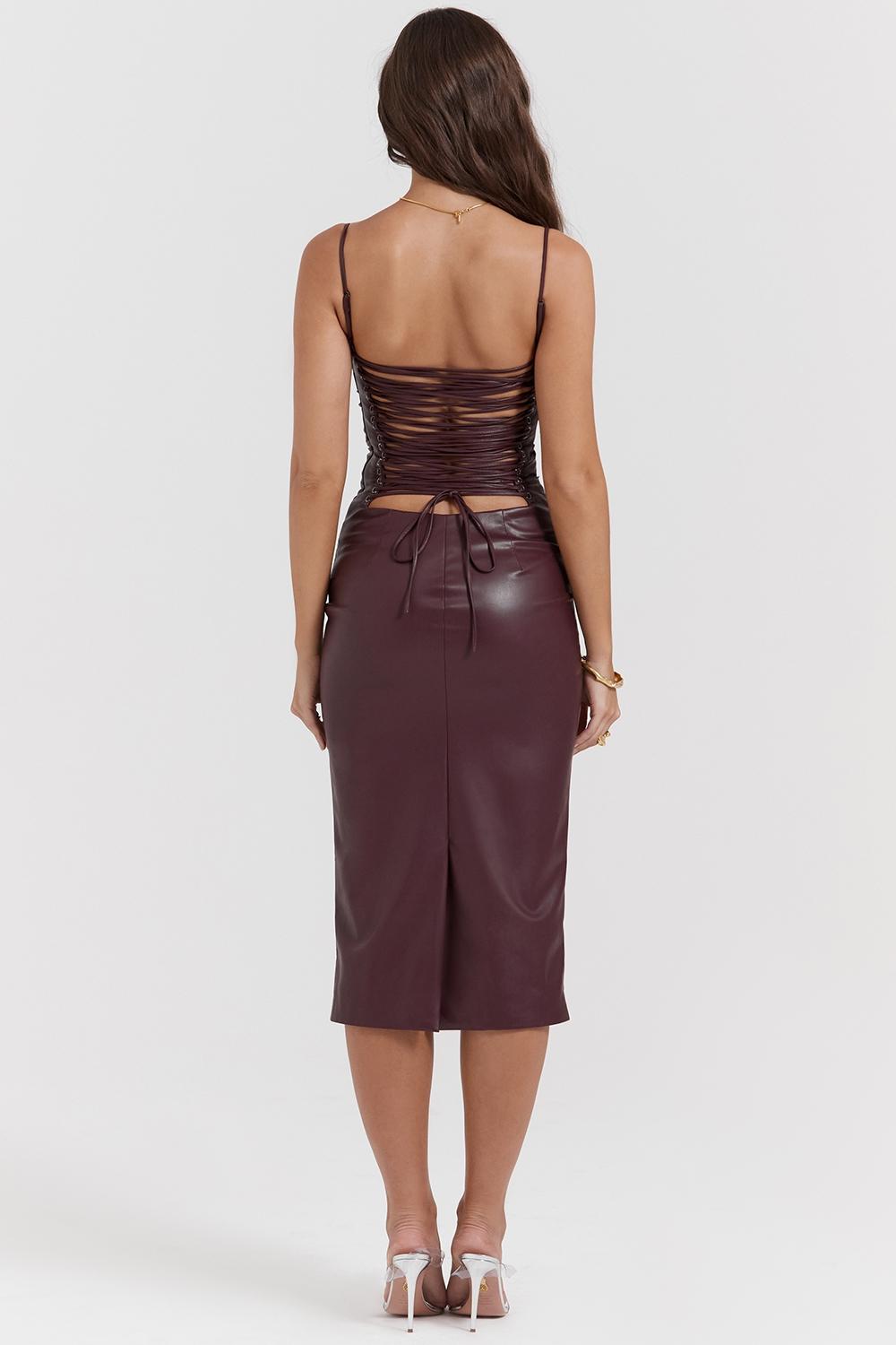 Jalena  mulberry vegan leather lace back dress Product Image