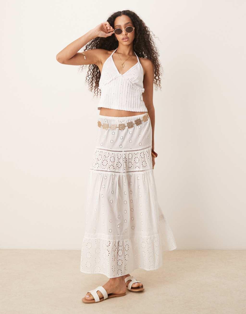 ASOS DESIGN broderie halterneck top with pleat detail in white Product Image