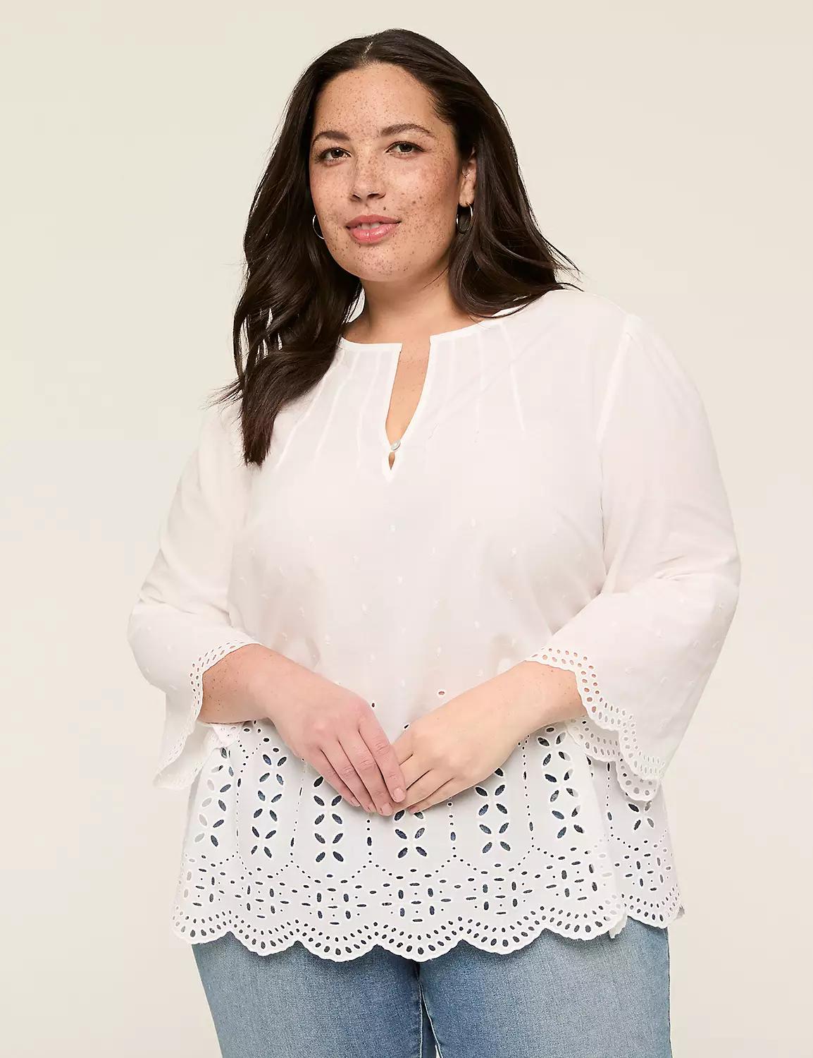 Eyelet 3/4-Sleeve Popover Blouse Product Image