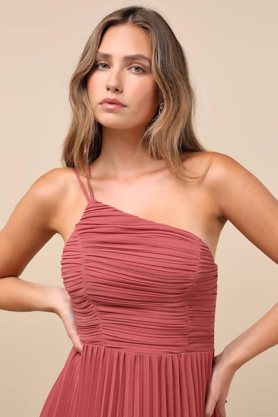 Wondrous Muse Rusty Rose Pleated One-Shoulder Midi Dress Product Image
