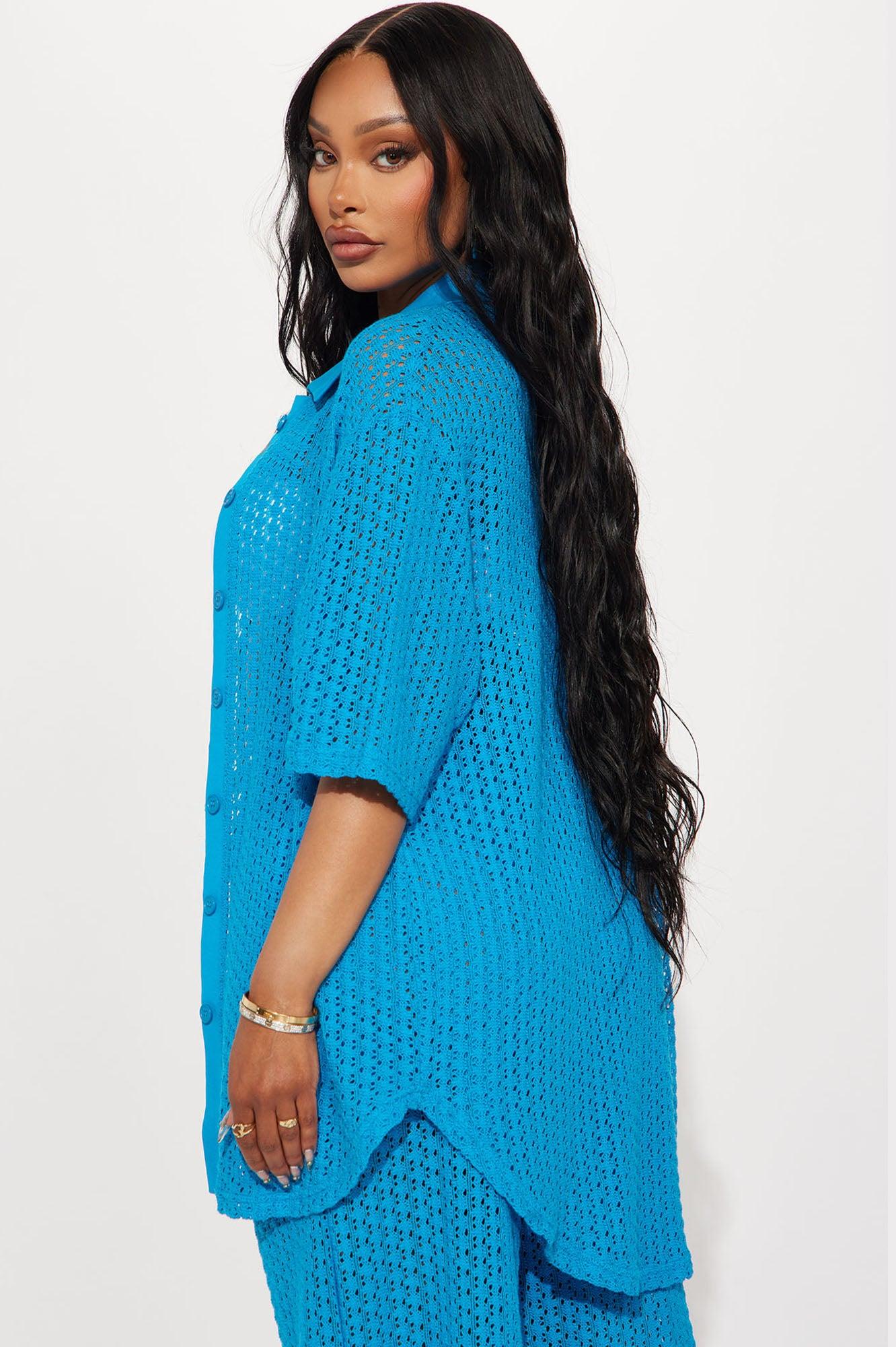 Abby Button Up Swim Cover Up Top - Blue Product Image