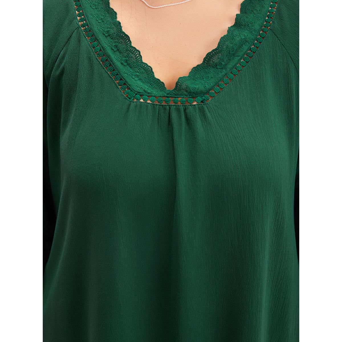 Plus Size Emerald Lace Panel Hollow Out Bell Sleeve Blouse Women Elegant Elbow-length sleeve V-neck Everyday Blouses BloomChic 30/6X Product Image