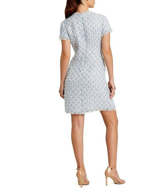Mac Duggal Boucle High Neck Short Sleeves Floral Button Detail Shift Dress Product Image