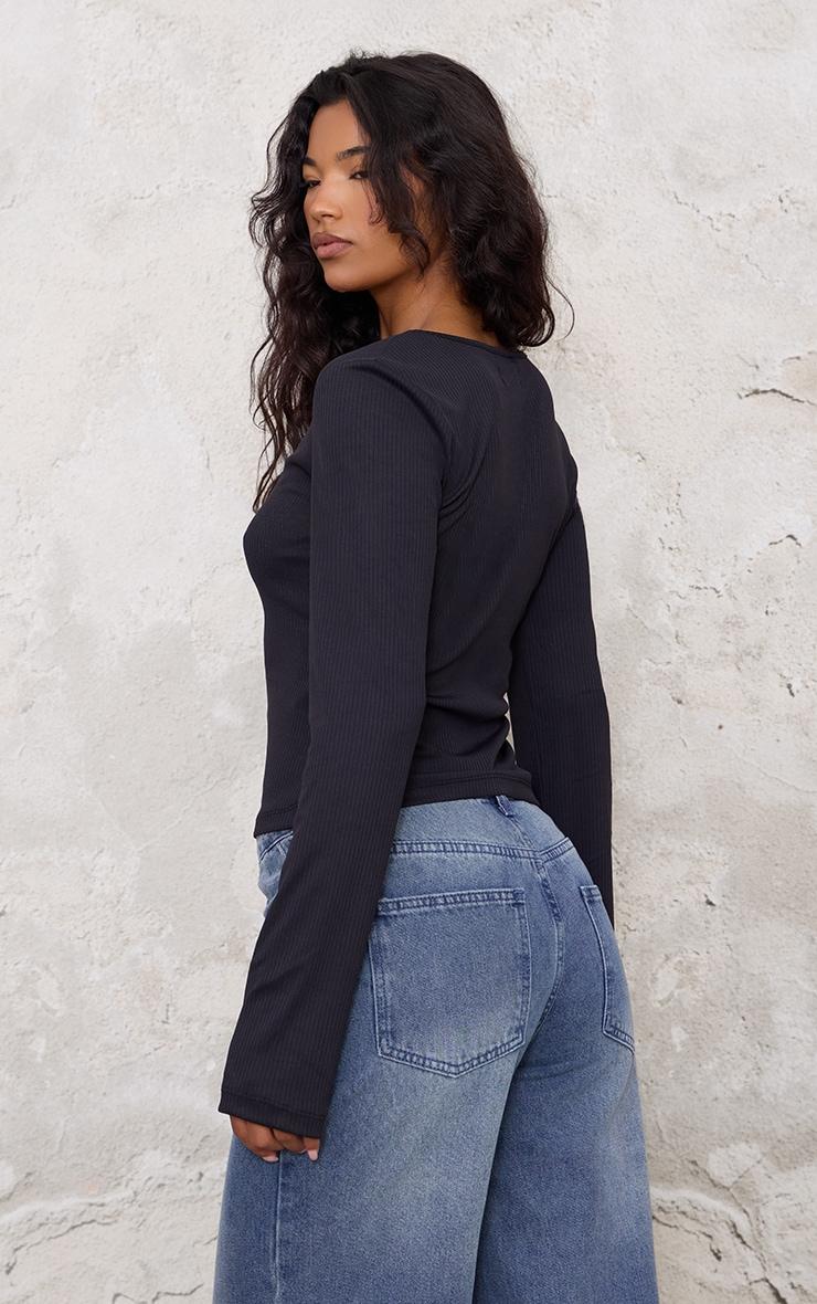 Black Ribbed Hook And Eye Long Sleeve Top Product Image