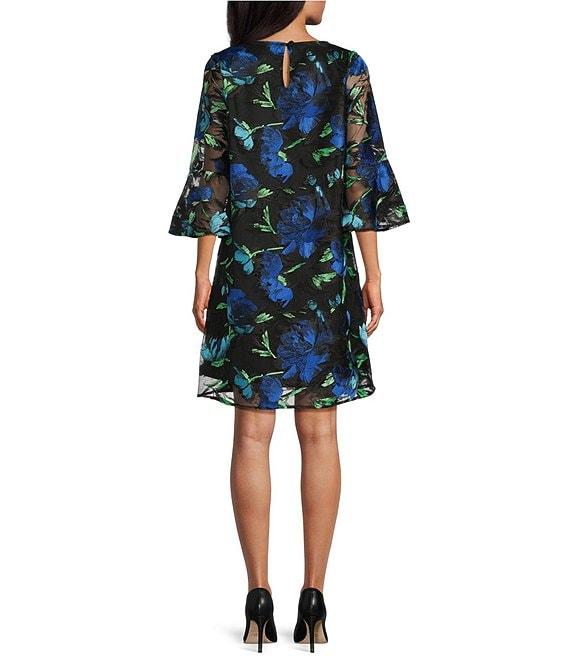 Caroline Rose Bella Embroidered Blooms Mesh Knit Scoop Neck 3/4 Bell Sleeve A-Line Dress Product Image