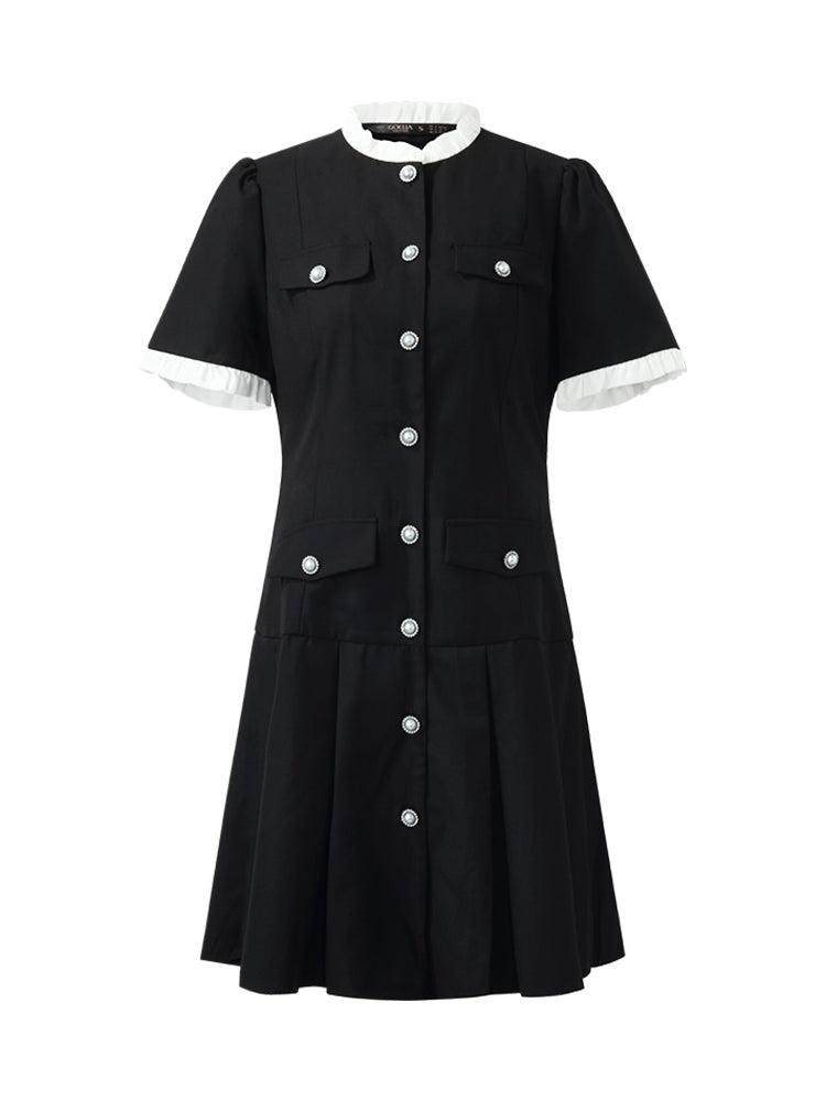 Ruffle Trim Pearl Buttons Women Mini Dress Product Image