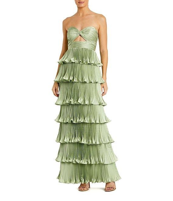 Mac Duggal Pleated Strapless Cut Out Tiered Ruffle Charmeuse Satin Column Gown Product Image