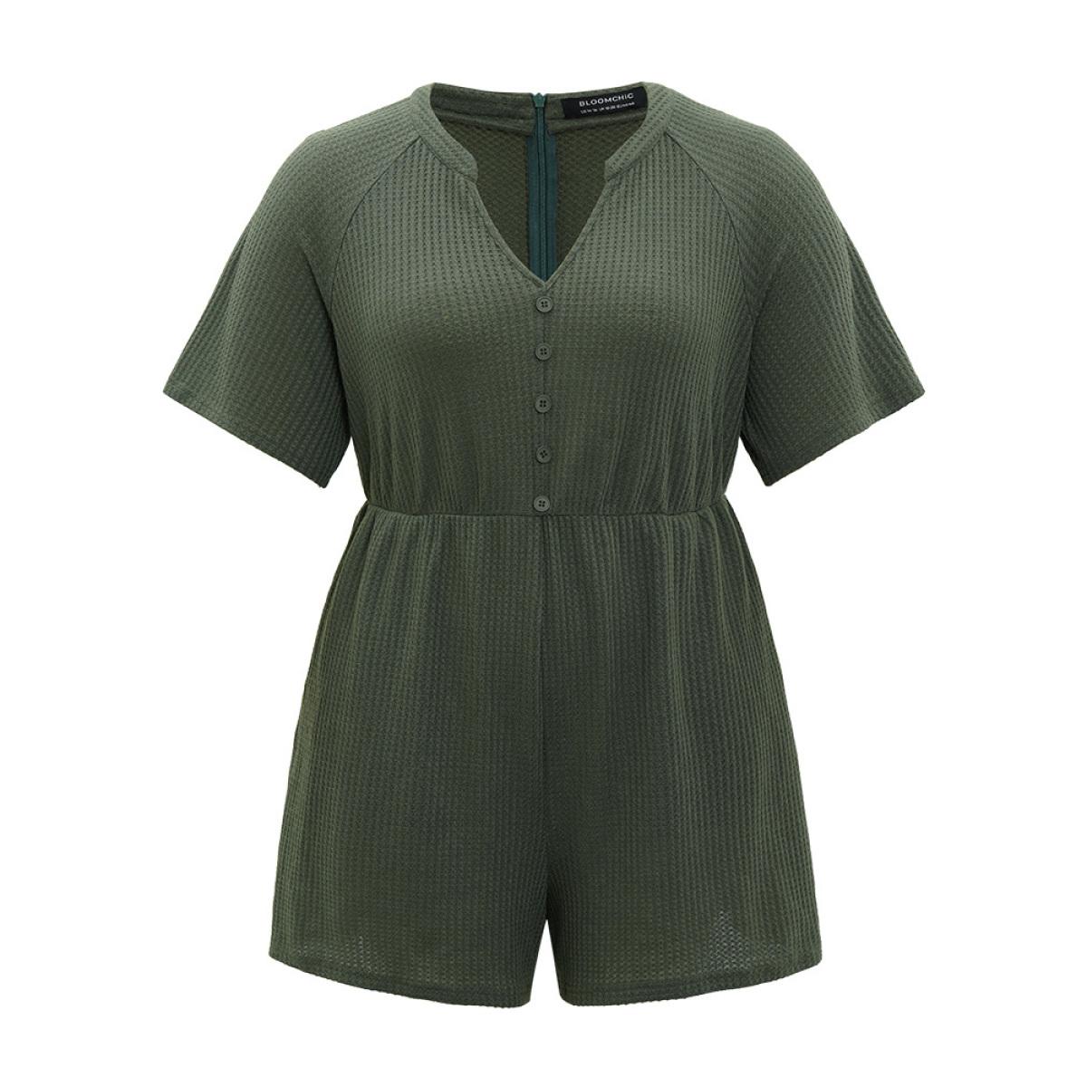 Plus Size ArmyGreen Plain Waffle Knit Pocket Button Detail Notched Jumpsuit Women Casual Short sleeve Notched collar Dailywear Loose Jumpsuits BloomChic 28/5X Product Image