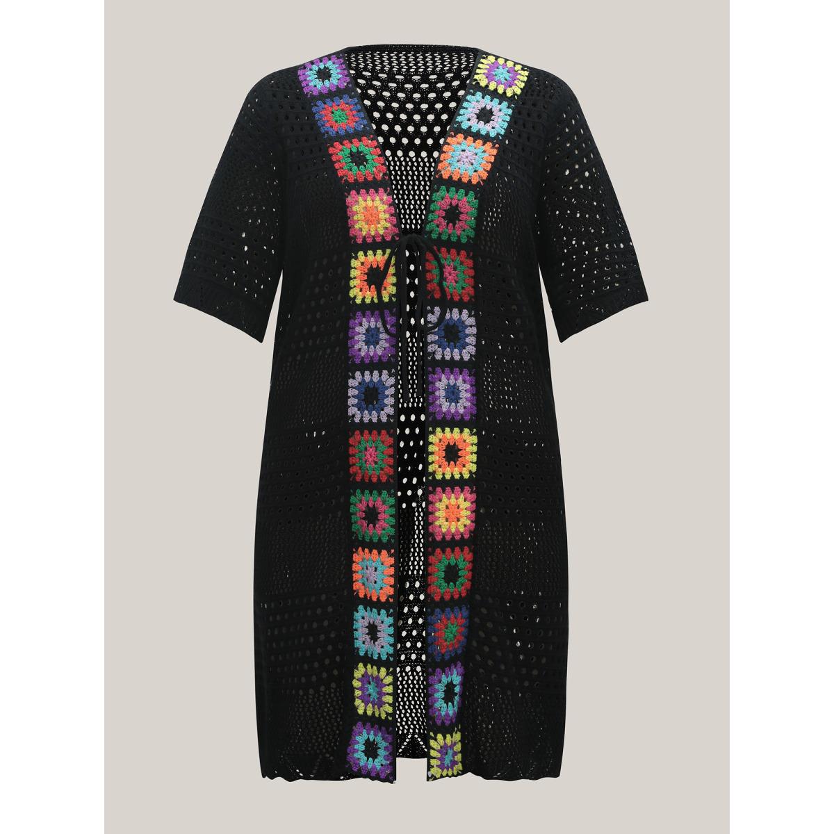 Plus Size Crocheted Cut-Out Tied Swim Cover-Up Women's Swimwear Black Beach Loose Texture Curve Swim Cover Ups BloomChic 28/5X Product Image