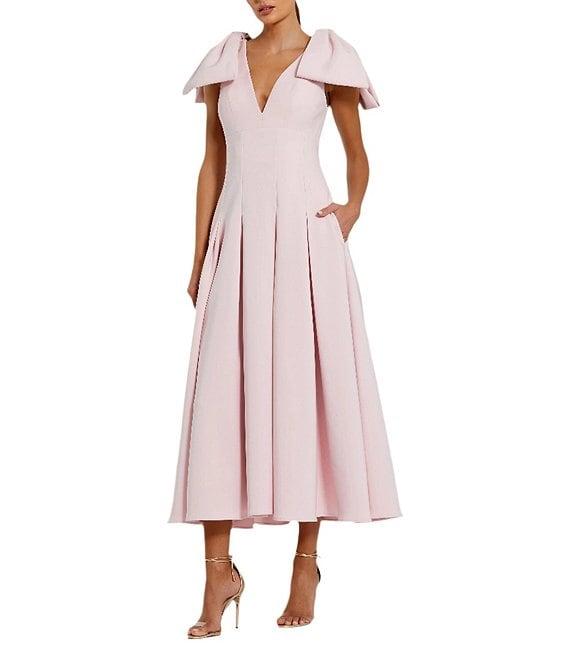 Mac Duggal Double V-Neck Bow Shoulder Crepe Pleated A-Line Tea Length Dress Product Image