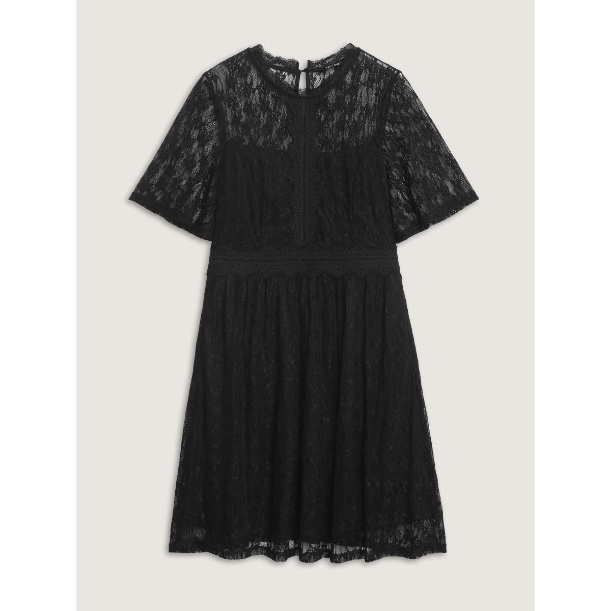 Plus Size Star Lace Trim Shirred Waist Mini Dress Black Women Romantic Texture Round Neck Half Sleeve Curvy BloomChic 26/4X Product Image