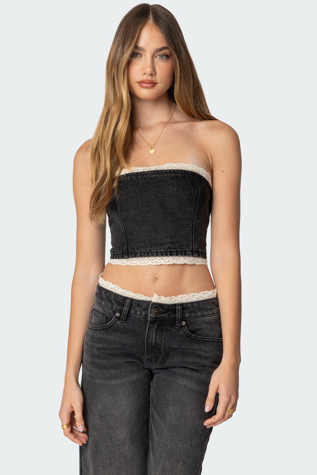 Karlie Lace Trim Denim Tube Top Product Image