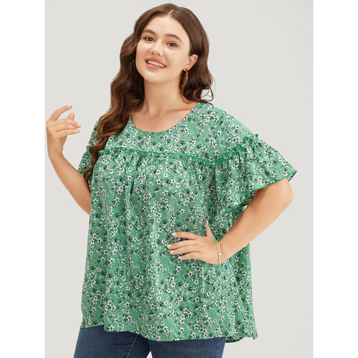 Plus Size Mint Ditsy Floral Frill Trim Gathered Ruffle Sleeve Blouse Women Elegant Short sleeve Round Neck Dailywear Blouses BloomChic 12/L Product Image