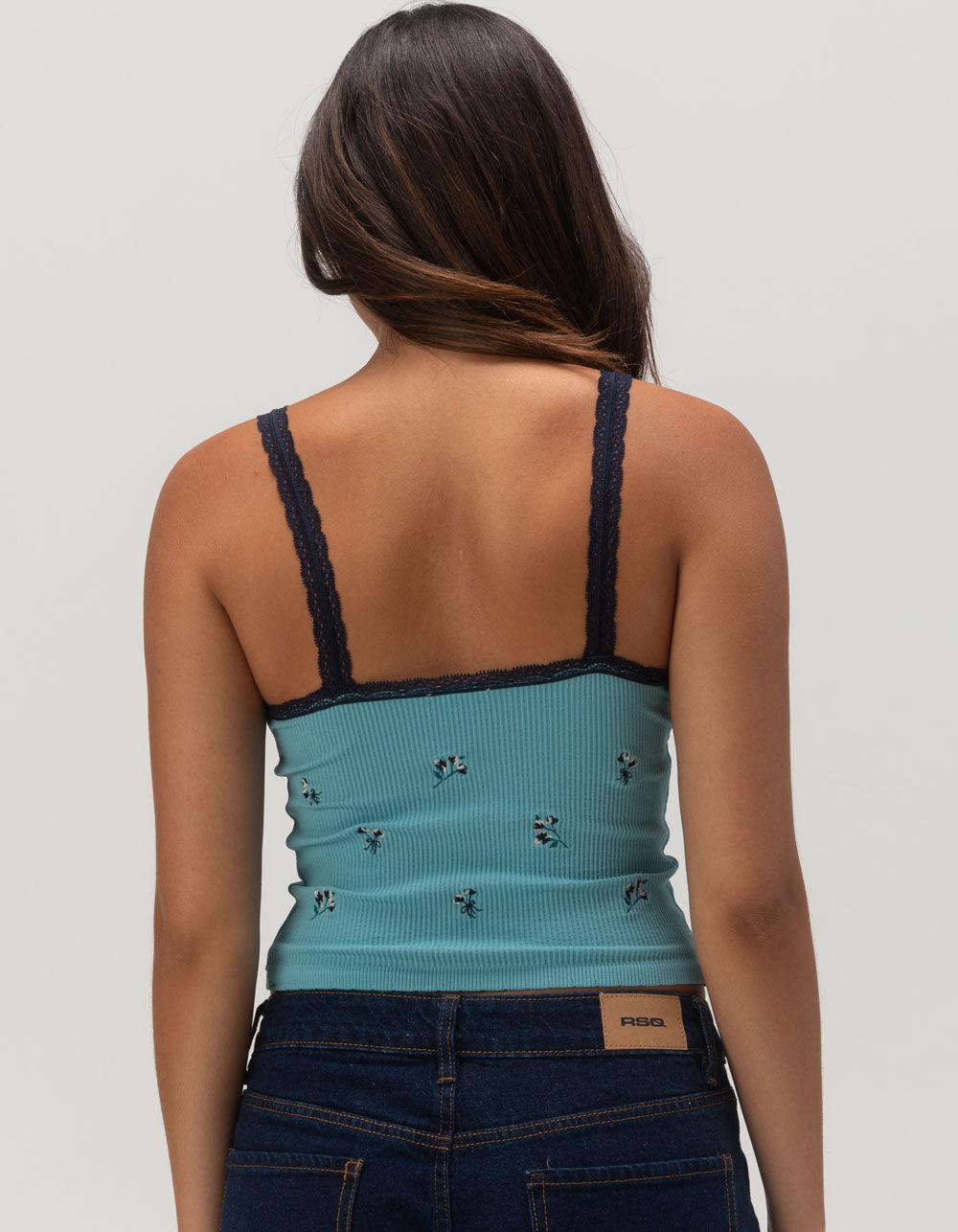 FULL TILT Seamless Lace Trim Embroidered Womens Cami - BLUE Product Image