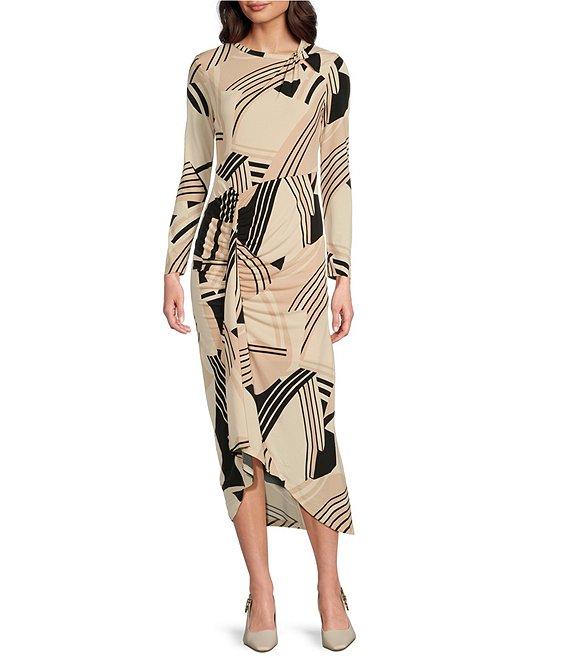 Maggy London Printed Matte Jersey Crew Neck Long Sleeve Ruffle Front Sheath Midi Dress Product Image