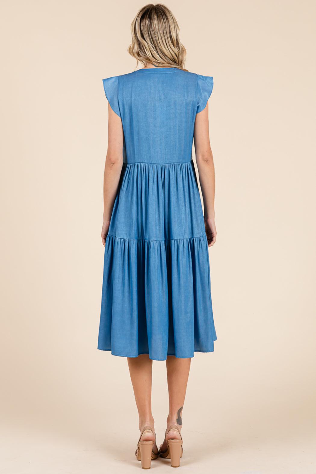 Tiered Flutter Sleeve Chambray Midi Dress Product Image