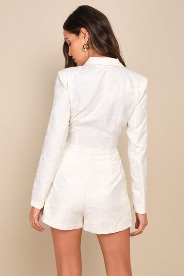 Confident Sophistication Ivory Jacquard Collared Blazer Romper Product Image