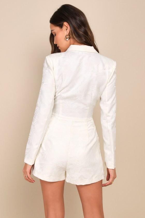 Confident Sophistication Ivory Jacquard Collared Blazer Romper Product Image