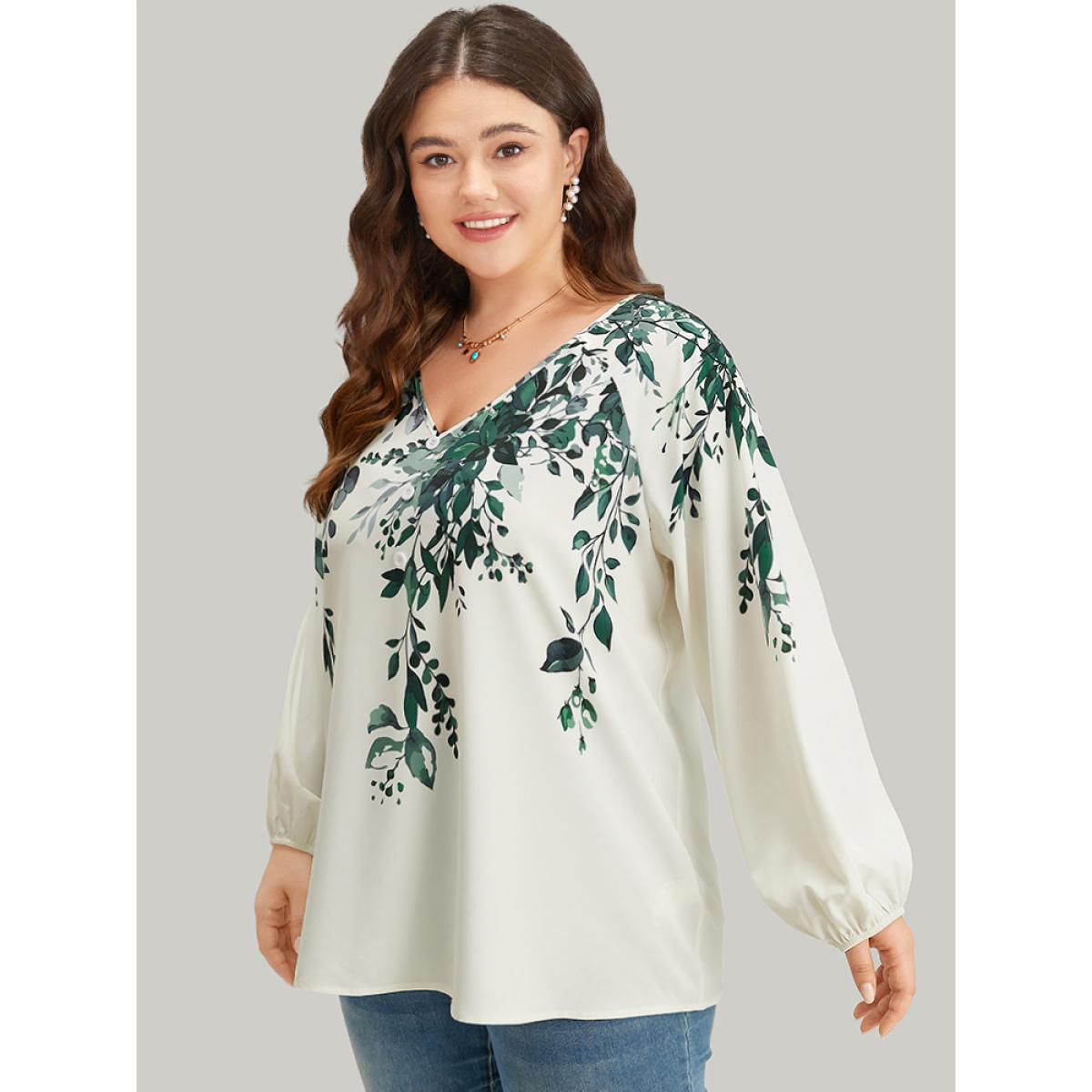 Plus Size Ivory Plants Print Lantern Sleeve Button Detail Blouse Women Vacation Long Sleeve V-neck Dailywear Blouses BloomChic 26/4X Product Image