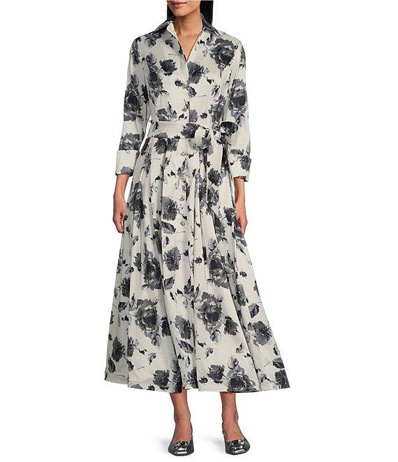 Marina Taffeta Collared V-Neck Long Sleeve Button Front Tie Sash Fit-and-Flare Midi Dress Product Image