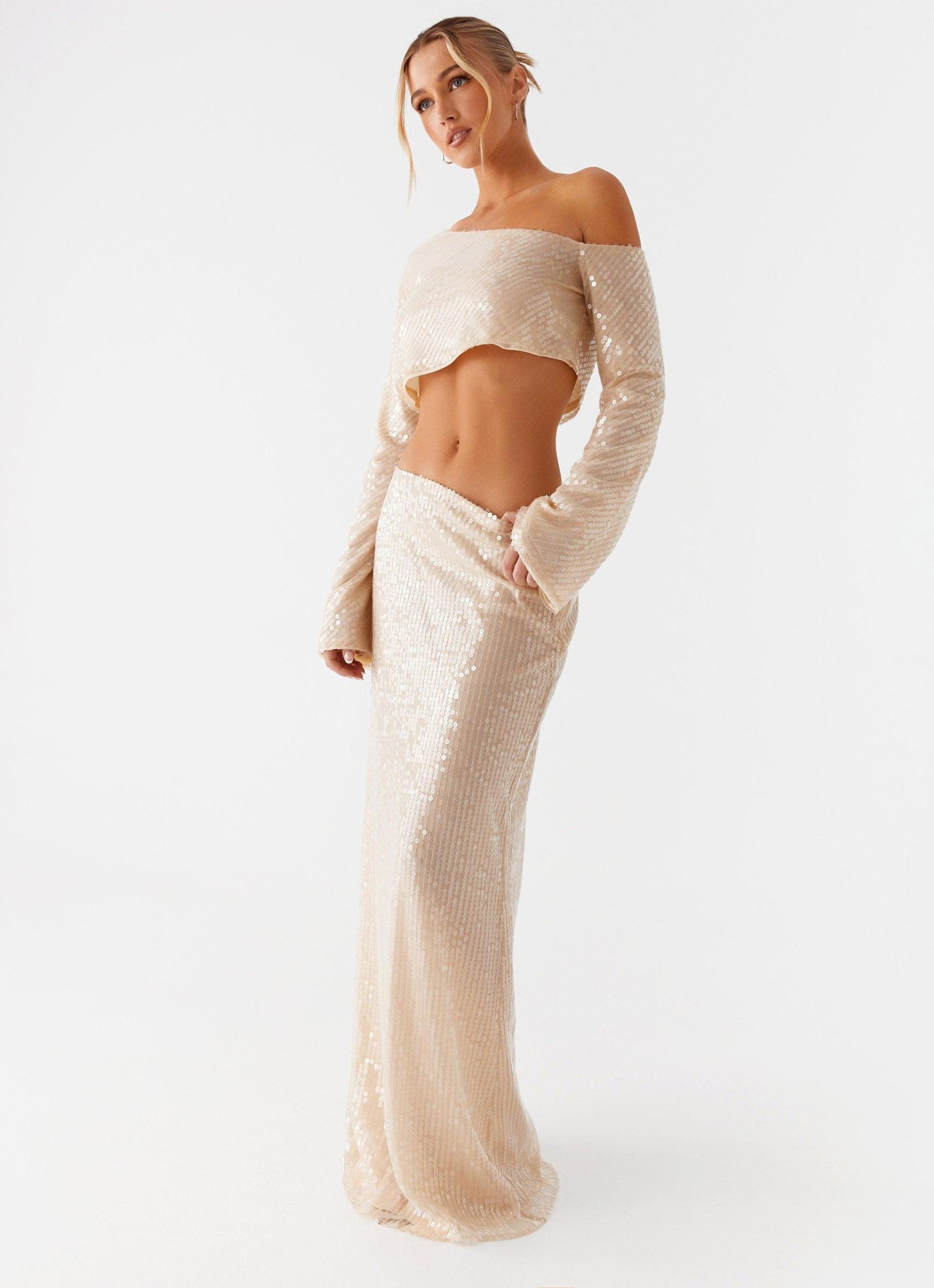 Wisteria Low Rise Sequin Maxi Skirt - Champagne Product Image
