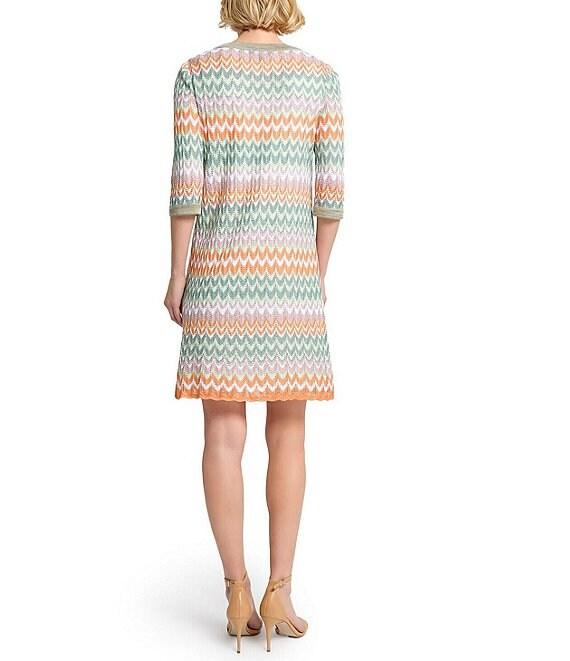 MISOOK Pointelle Zigzag Knit Split V-Neck Elbow Sleeve Shift Dress Product Image