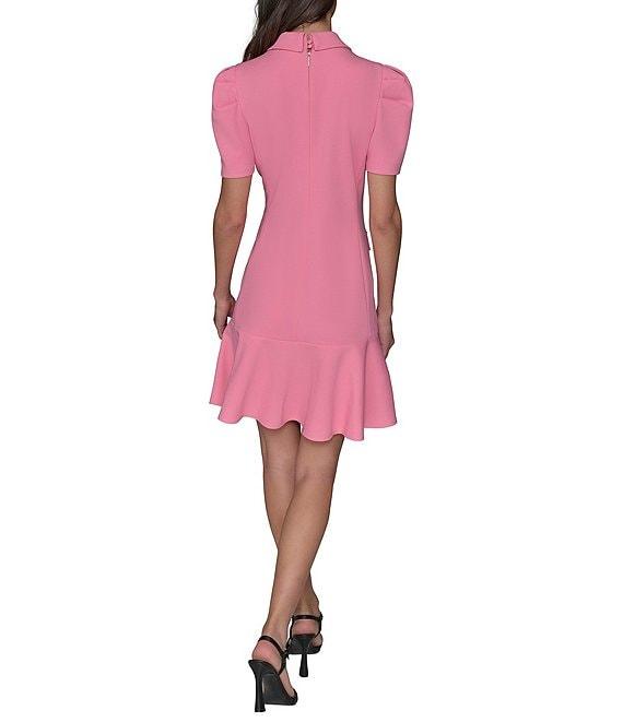 KARL LAGERFELD PARIS Scuba Crepe Point Collar Neck Short Sleeve Button Front Shirt Mini Dress Product Image