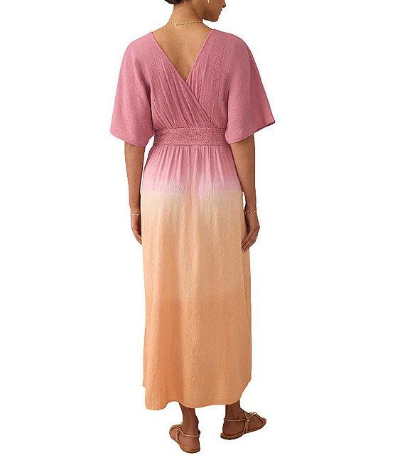 Faherty Mila Woven Organic Cotton Ombre Print V-Neck Short Sleeve Empire Waist Maxi Dress Product Image