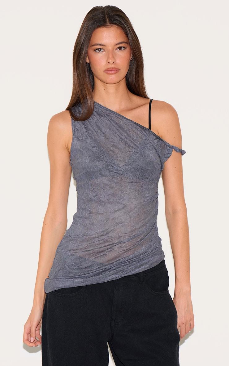 Charcoal Crinkle Mesh Twist Sleeve Detail Long Top Product Image