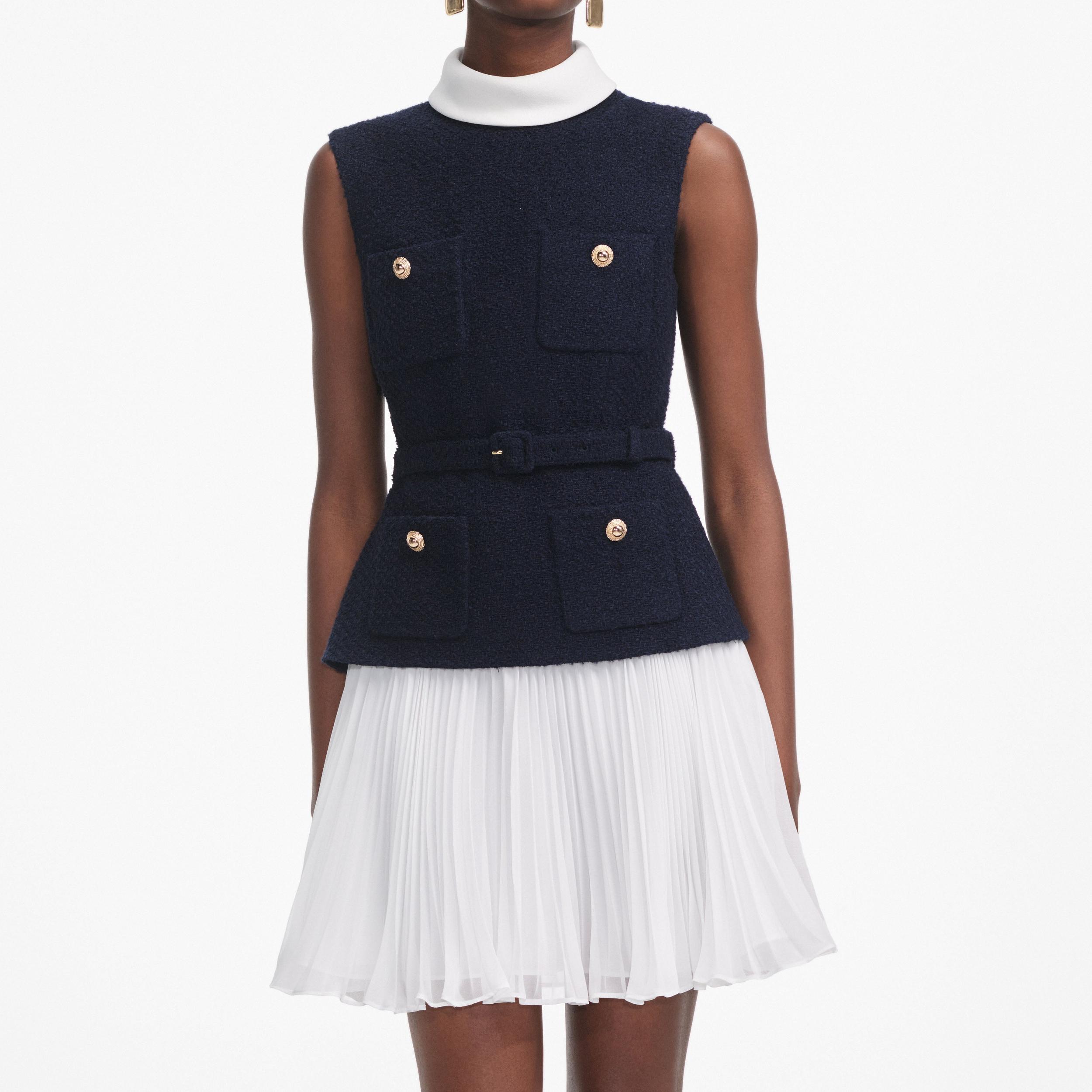 Navy Boucle And Chiffon Mini Dress Product Image