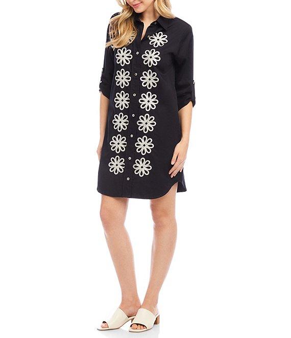 Karen Kane Embroidered Point Collar 3/4 Roll-Tab Sleeve Button Front Shirtdress Product Image
