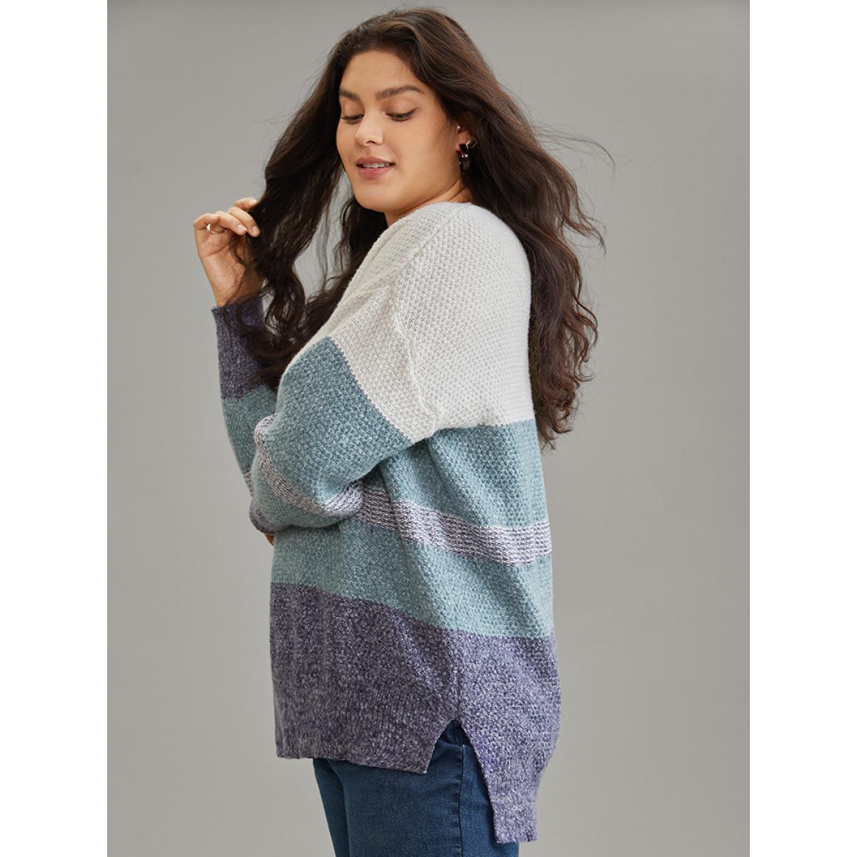 Plus Size Colorblock Heather Split Side High Low Hem Pullover Cerulean Women Casual Loose Long Sleeve V-neck Dailywear Pullovers BloomChic 22-24/3X Product Image