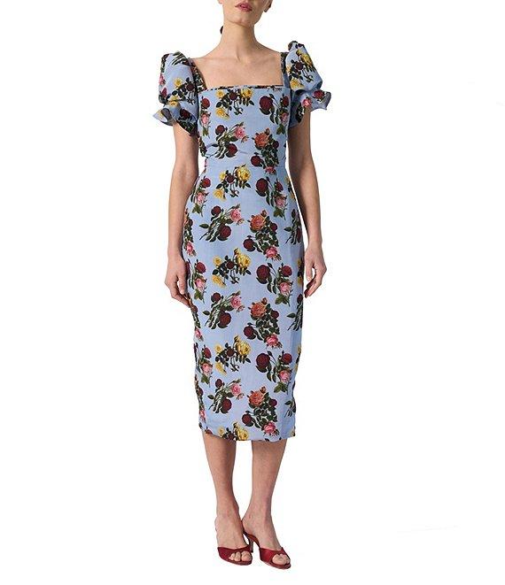 Damaris Bailey Rose Printed Square Neck Short Puff Sleeve Rose Midi Dress Product Image