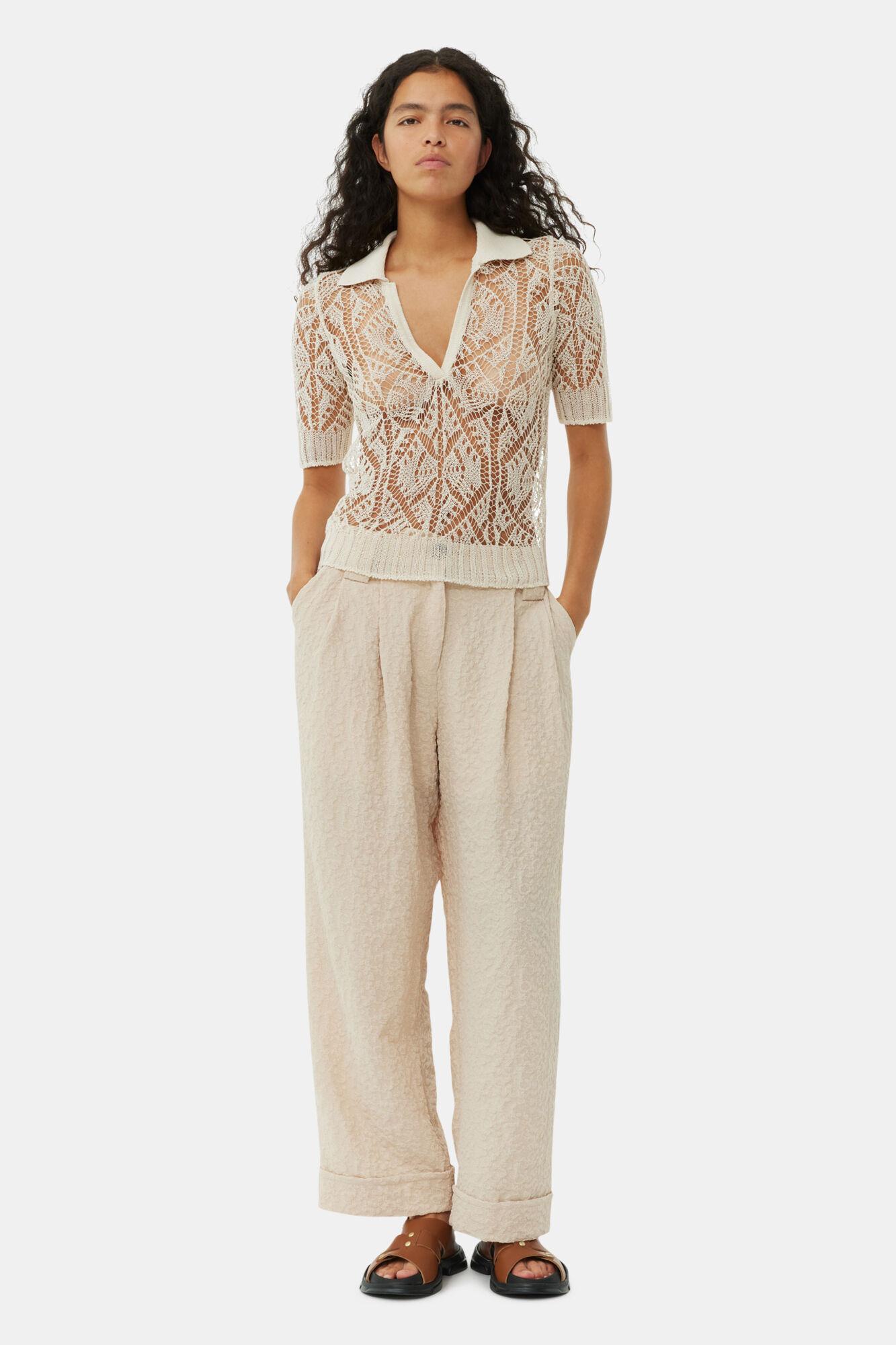 Beige Textured Suiting Mid Waist Pants Product Image