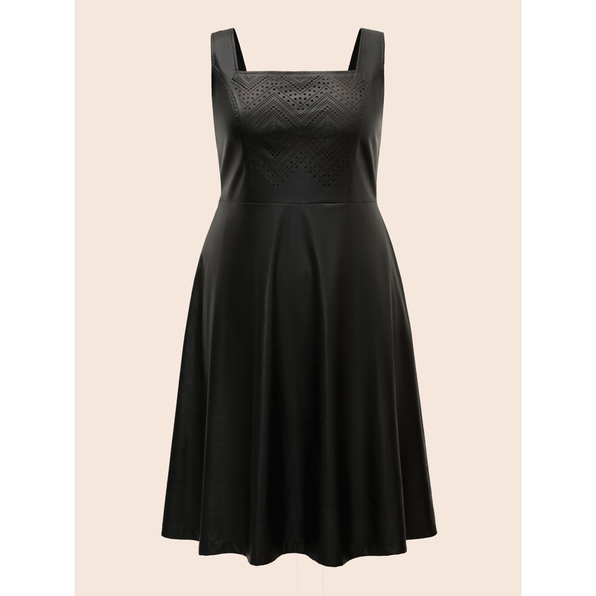 Plus Size Solid PU Leather Laser Cut Dress Black Women Elegant Texture Square Neck Sleeveless Curvy BloomChic 30/6X Product Image