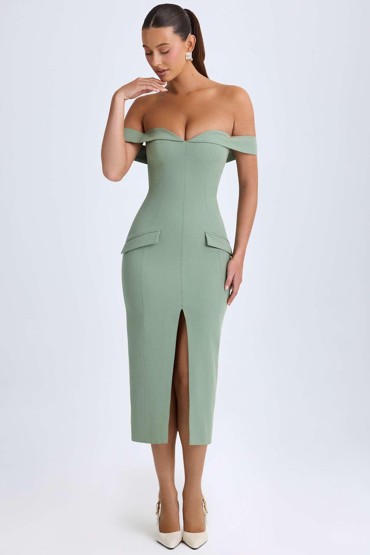 Off-Shoulder Midaxi Dress in Khaki Green Product Image